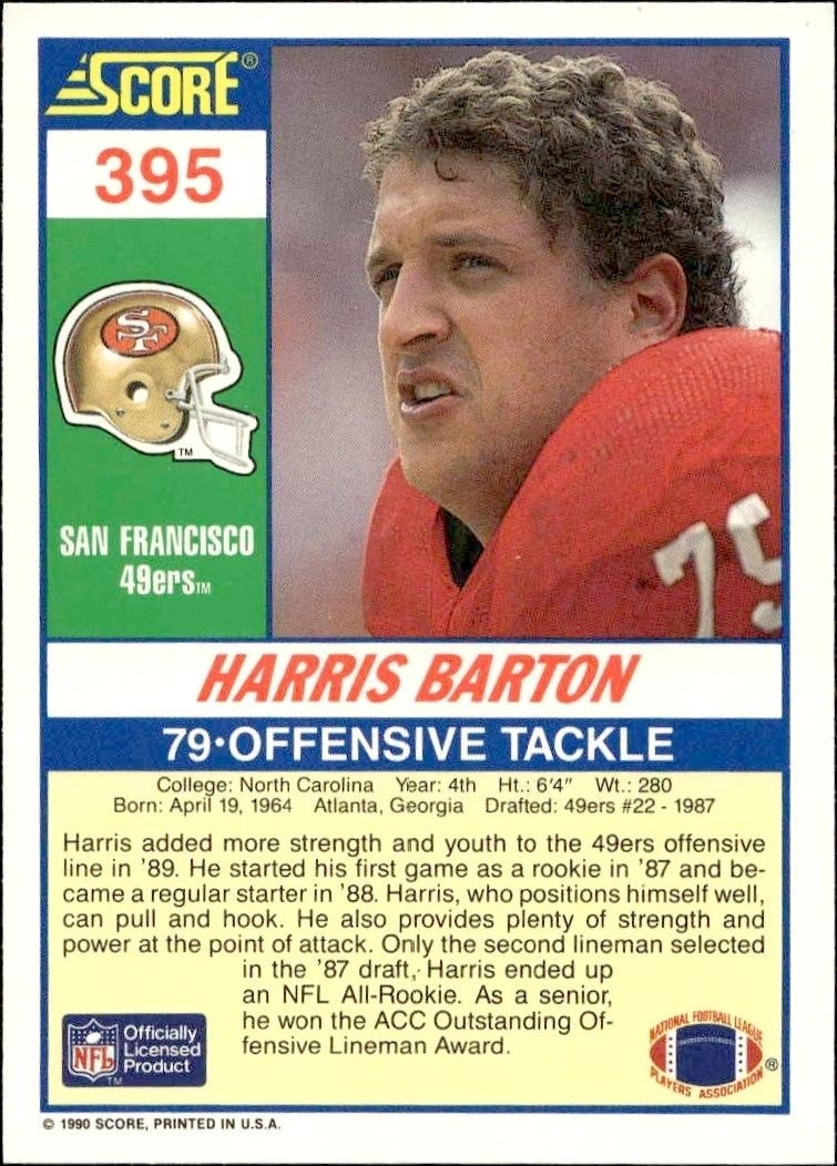 1990 Score Harris Barton #395 football trading card back
