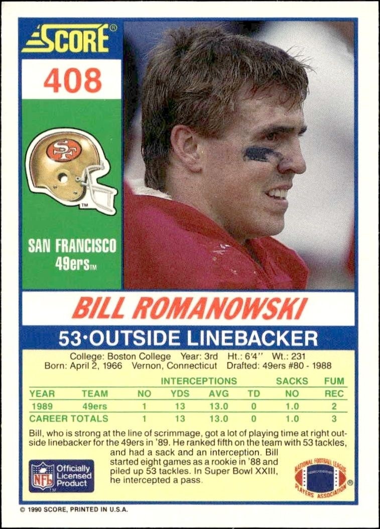 1990 Score Bill Romanowski #408 football trading card back