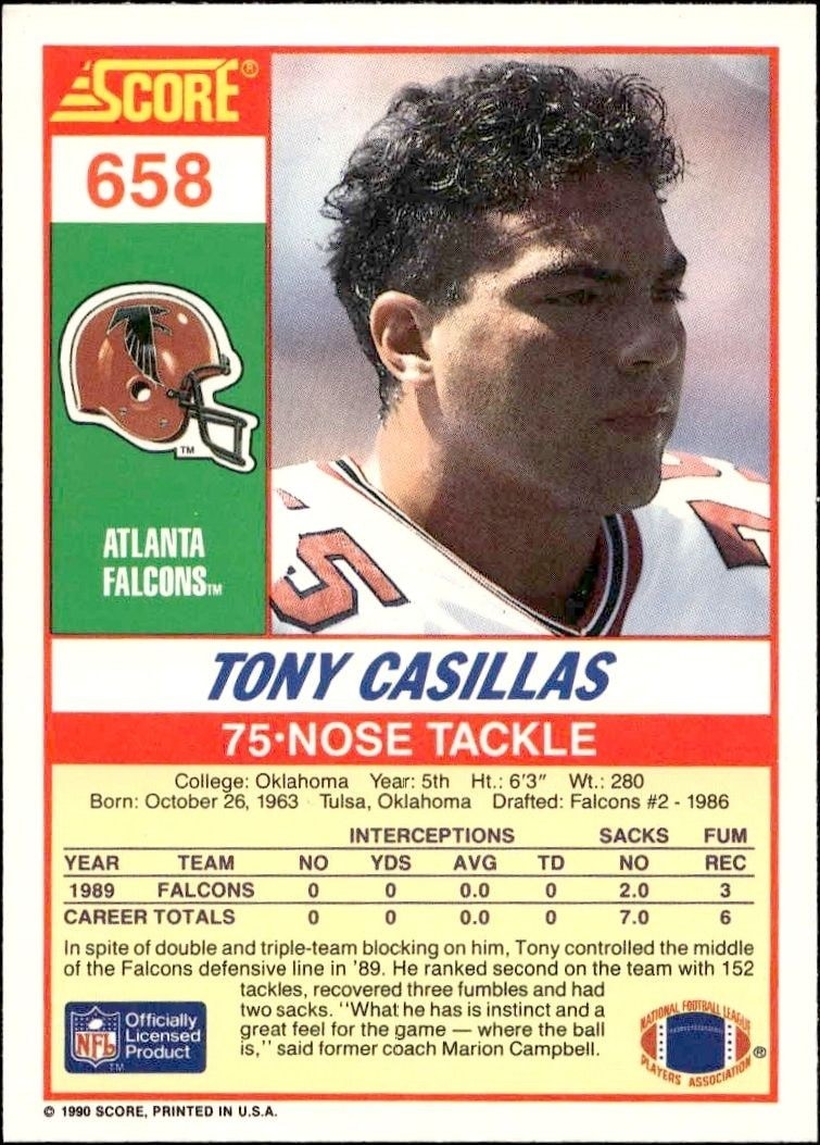 1990 Score Tony Casillas #658 football trading card back