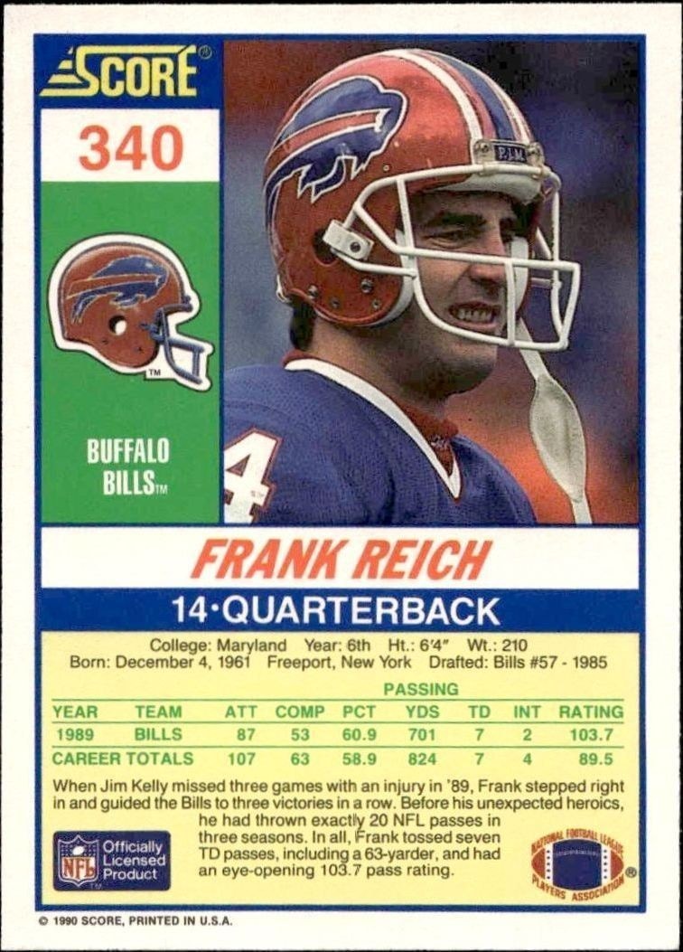 1990 Score Frank Reich #340 football trading card back