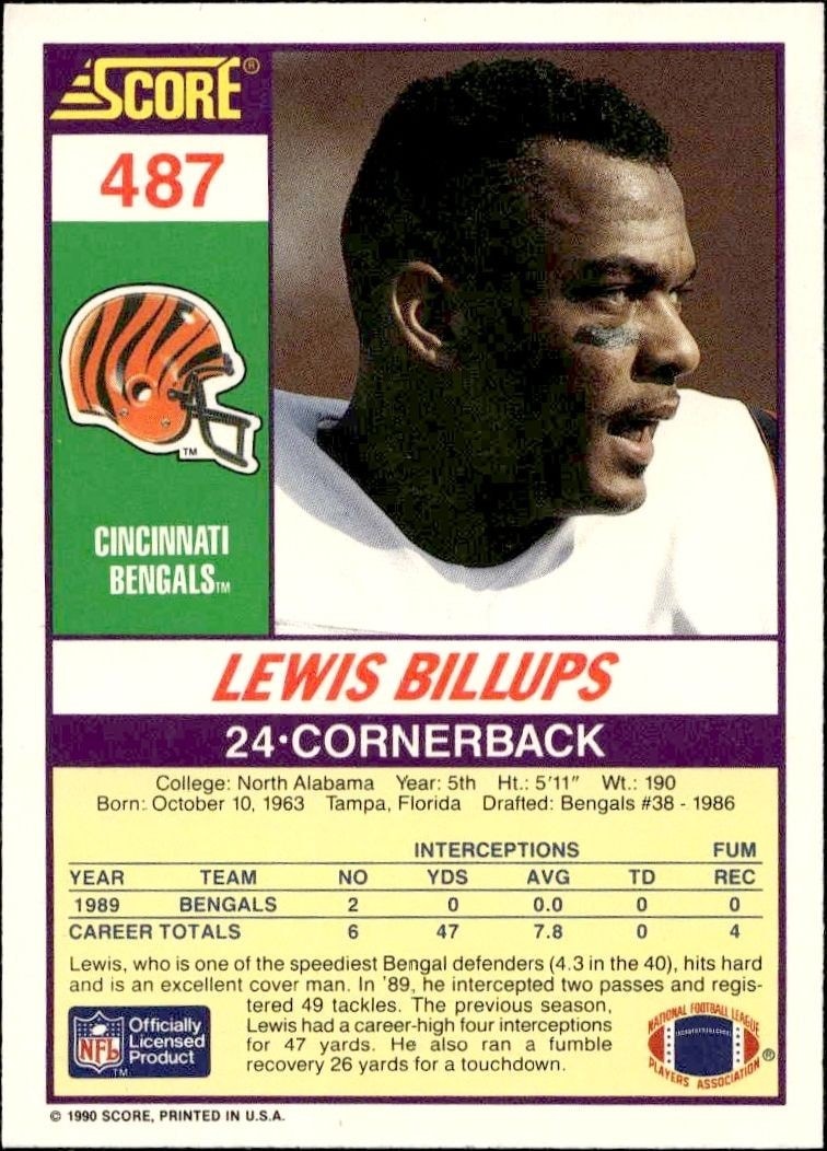 1990 Score Lewis Billups #487 football trading card back
