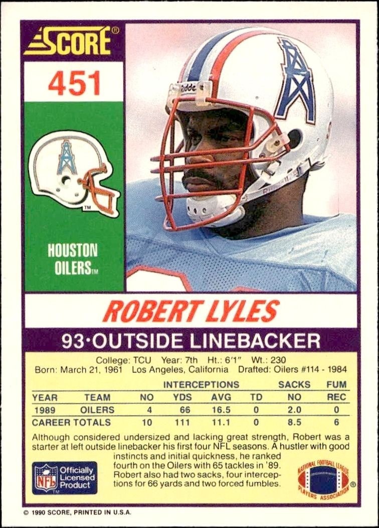 1990 Score Robert Lyles #451 football trading card back