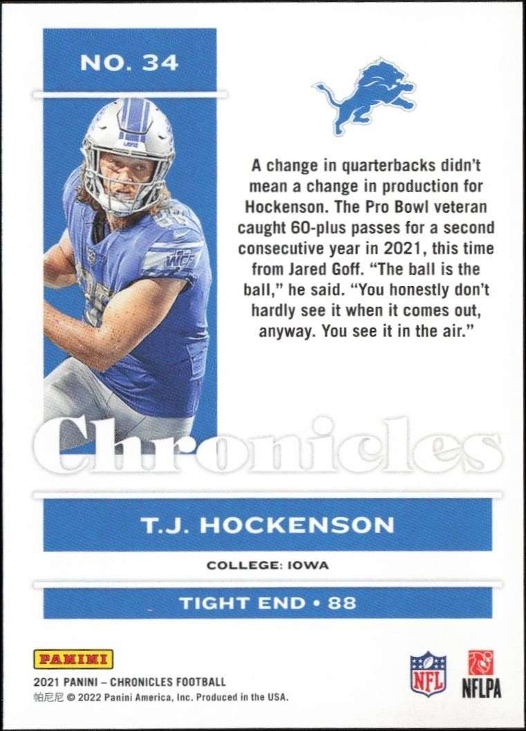 2021 Panini Chronicles T.j. Hockenson #34 football trading card back