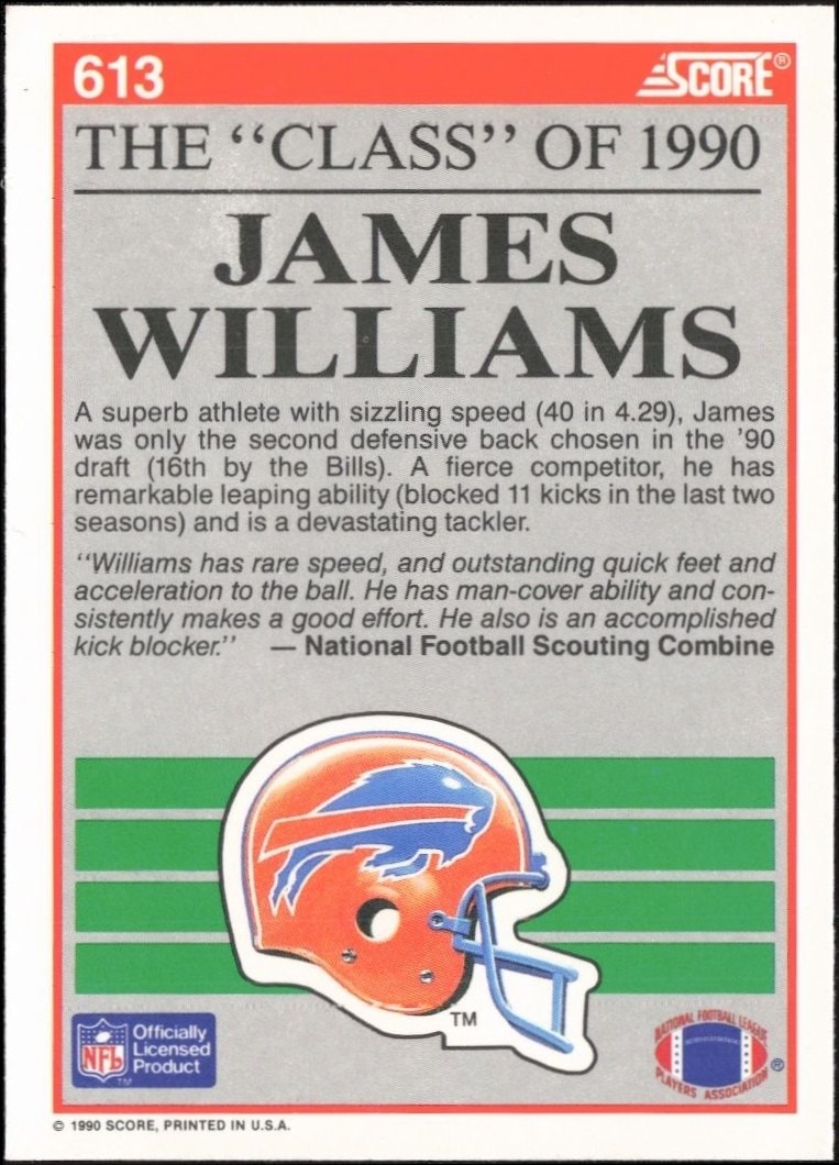 1990 Score James Williams #613 football trading card back