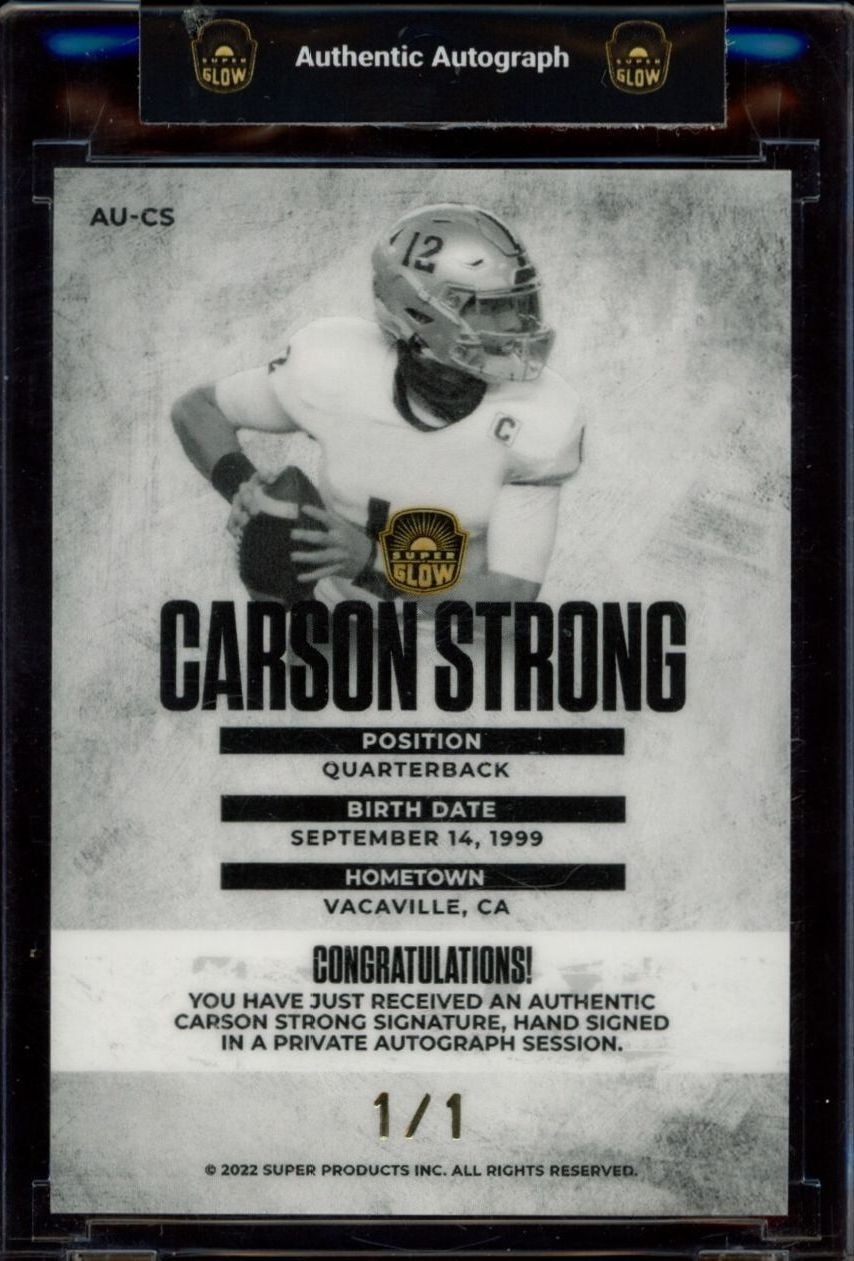 2022 Super Glow Pink Carson Strong #AU-CS football trading card back