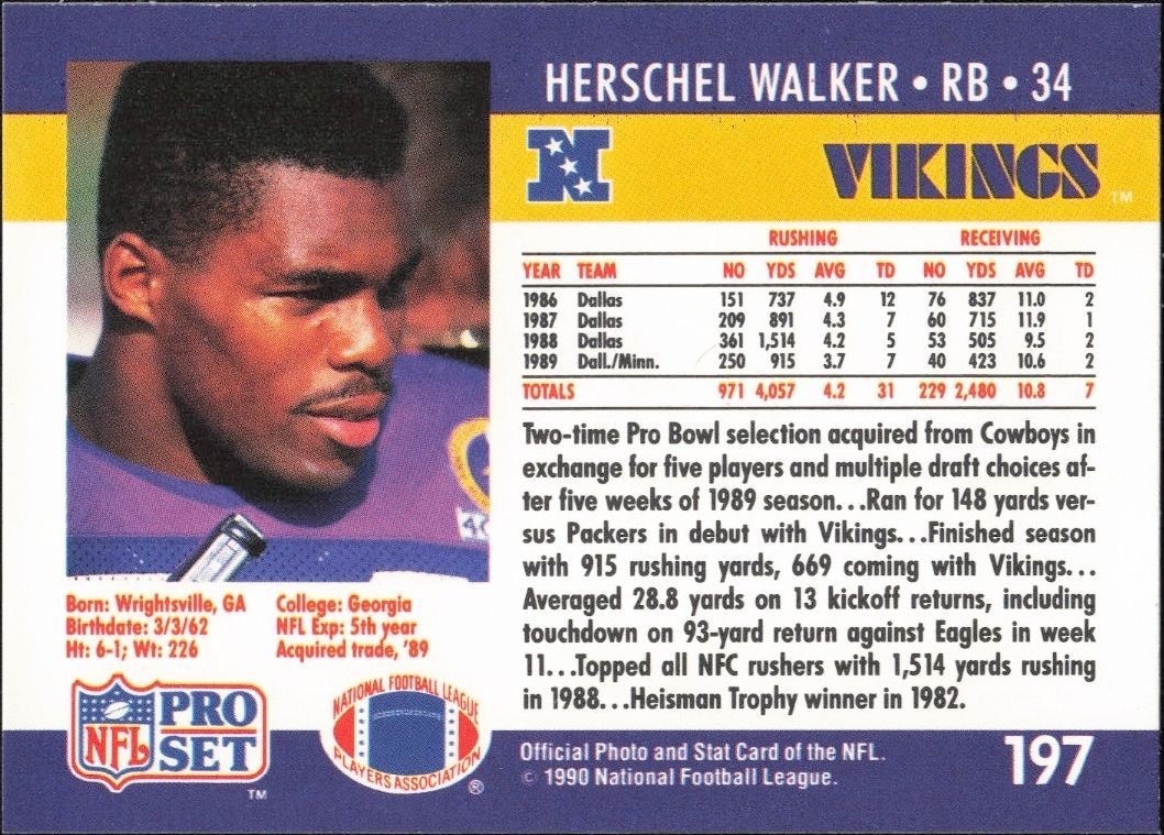 1990 Pro Set Herschel Walker #197 football trading card back