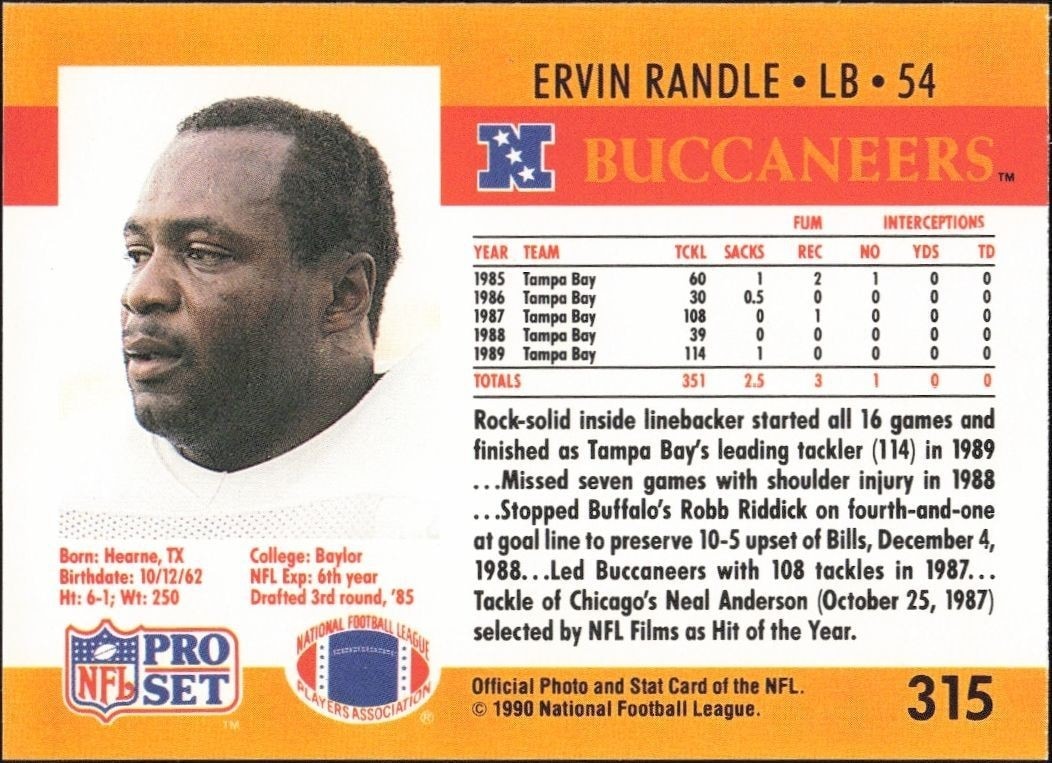 1990 Pro Set Ervin Randle #315 football trading card back