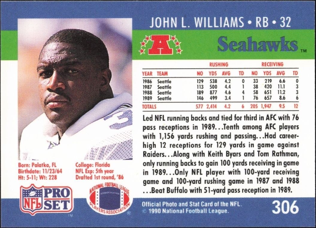 1990 Pro Set John L. Williams #306 football trading card back