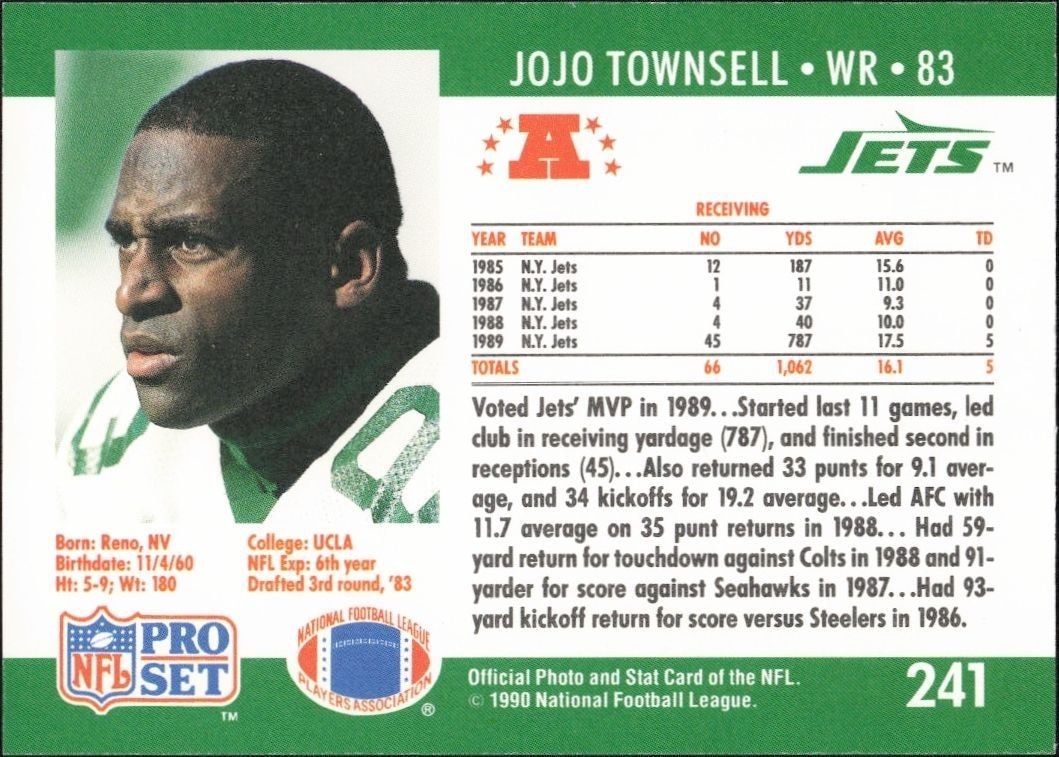 1990 Pro Set Jo Jo Townsell #241 football trading card back