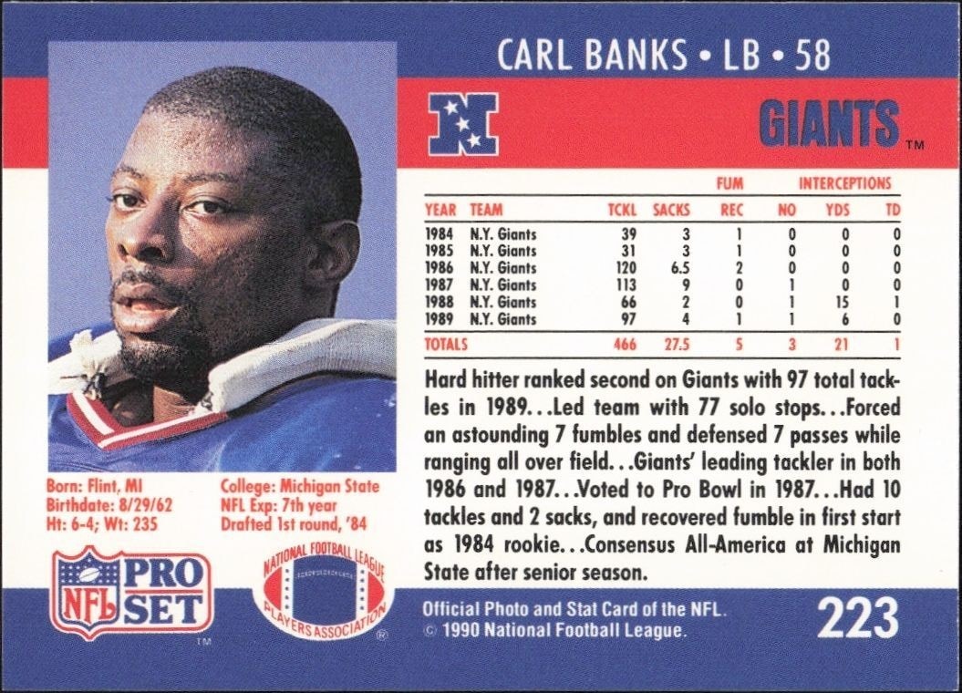 1990 Pro Set Carl Banks #223 football trading card back
