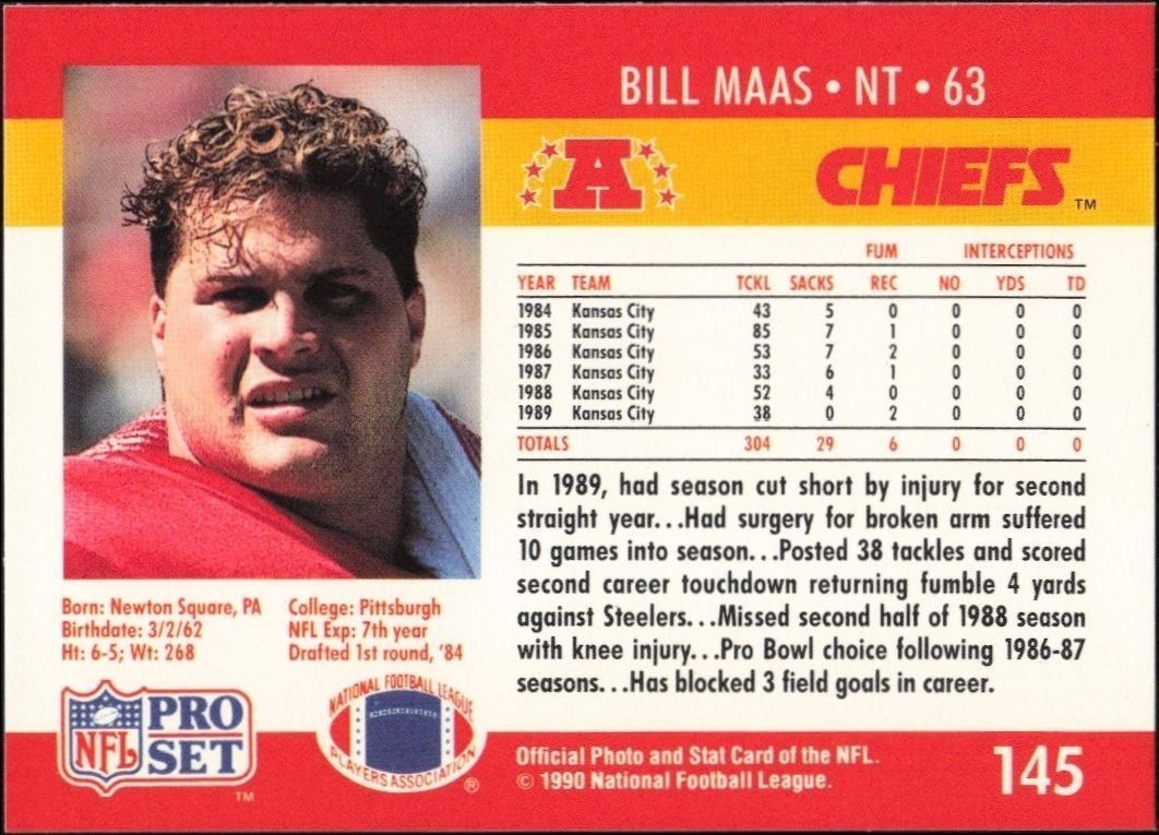 1990 Pro Set Bill Maas #145 football trading card back