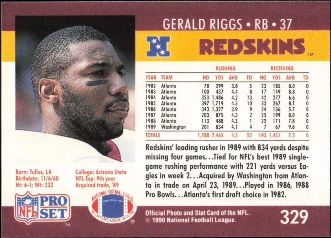 1990 Pro Set Gerald Riggs #329 football trading card back