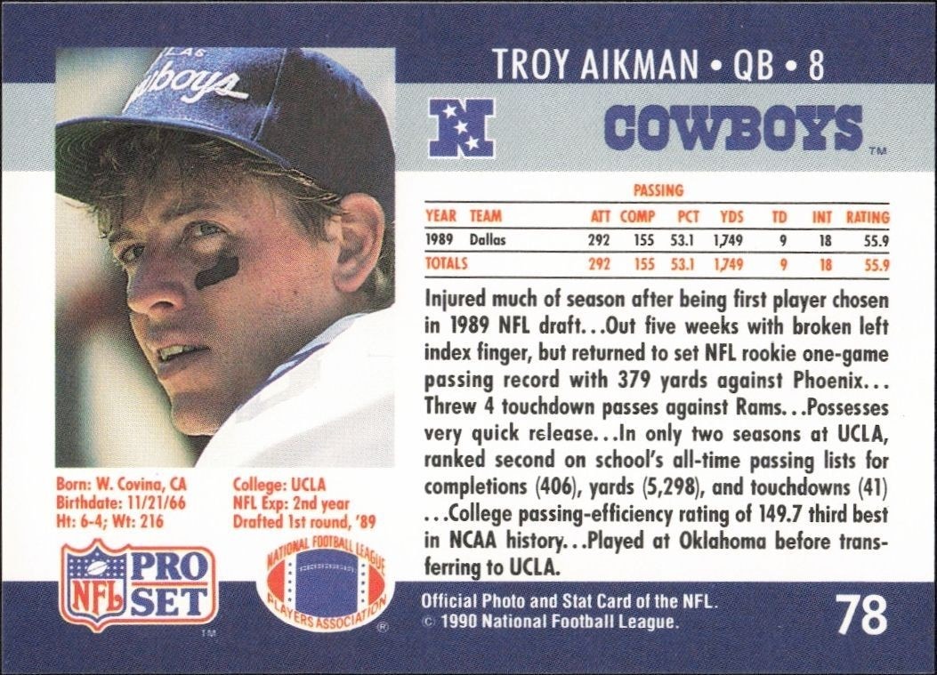 1990 Pro Set Troy Aikman #78 football trading card back