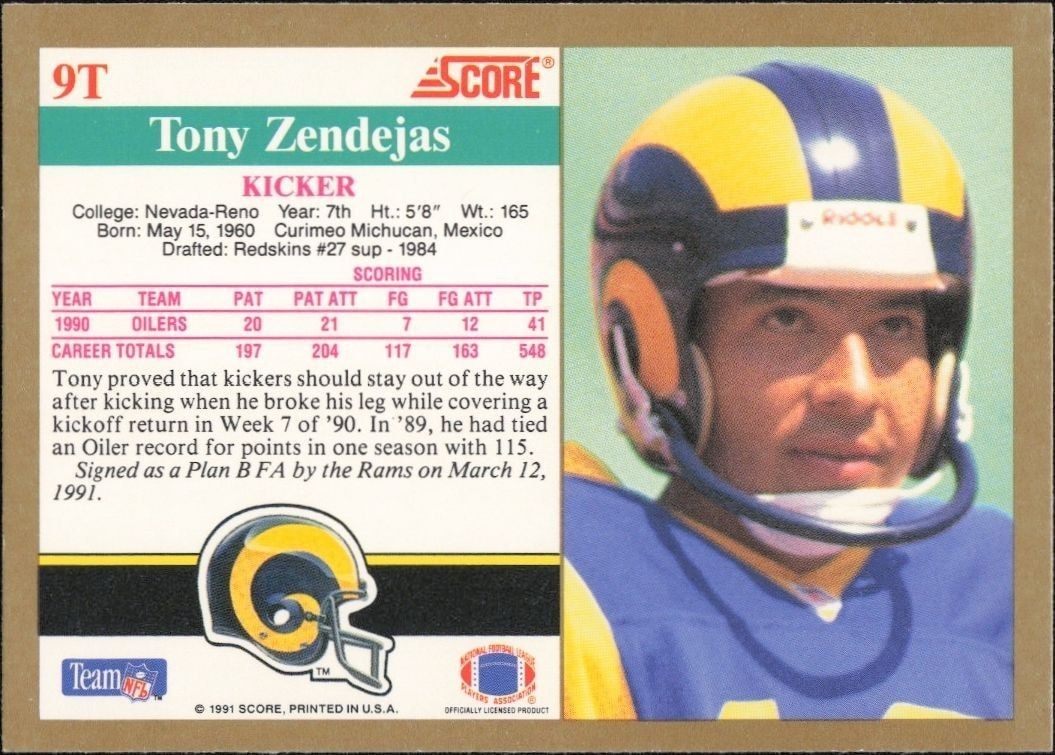 1991 Score Supplemental Tony Zendejas #9T football trading card back