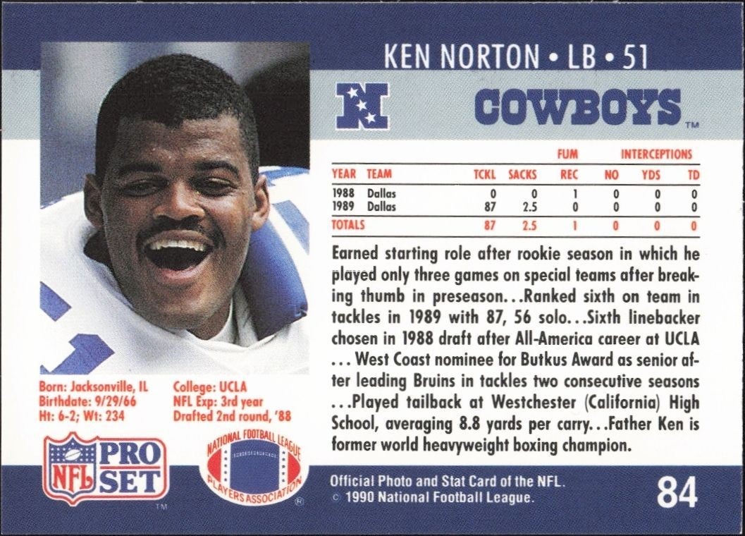 1990 Pro Set Ken Norton #84 football trading card back