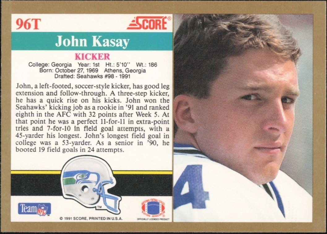 1991 Score Supplemental John Kasay #96T football trading card back