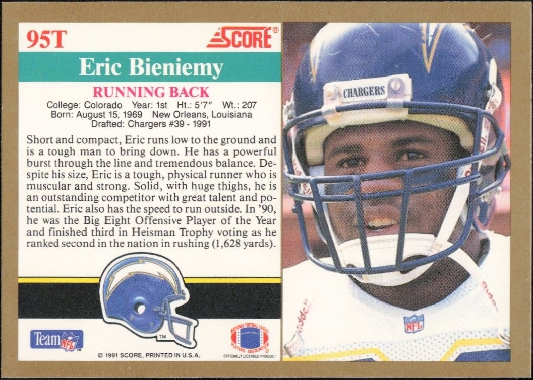 1991 Score Supplemental Eric Bieniemy #95T football trading card back