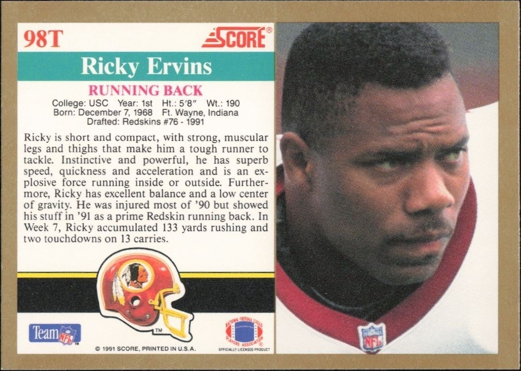 1991 Score Supplemental Ricky Ervins #98T football trading card back