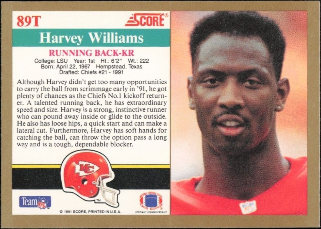 1991 Score Supplemental Harvey Williams #89T football trading card back