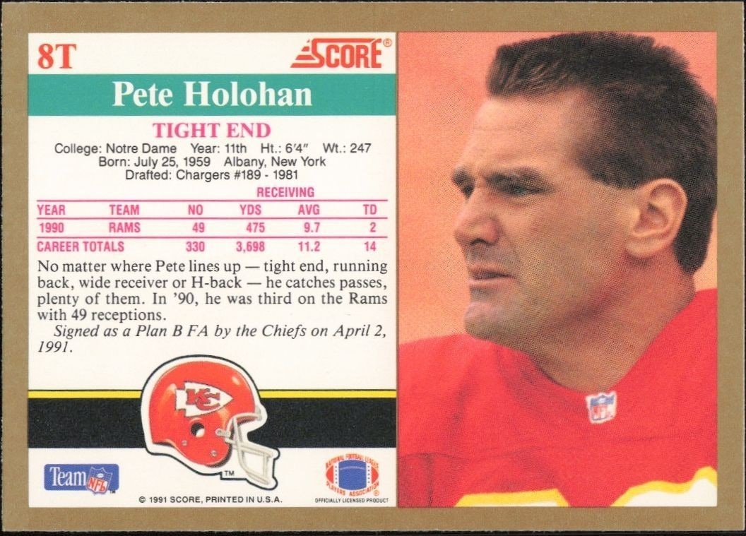 1991 Score Supplemental Pete Holohan #8T football trading card back
