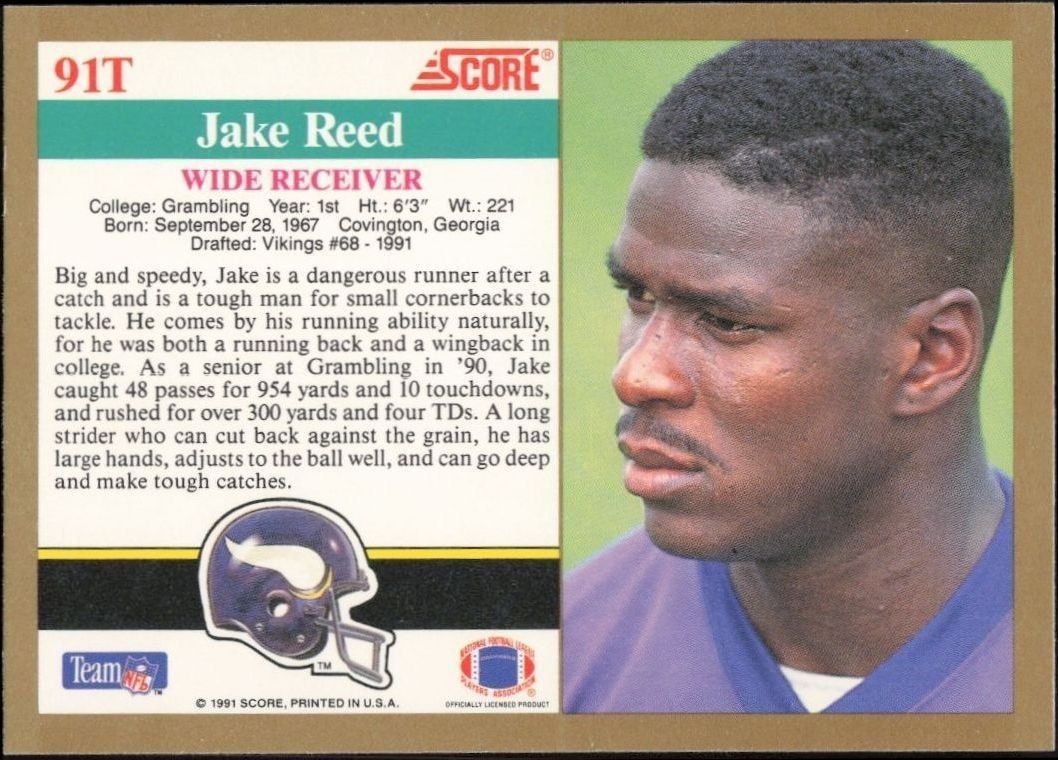 1991 Score Supplemental Jake Reed #91T football trading card back