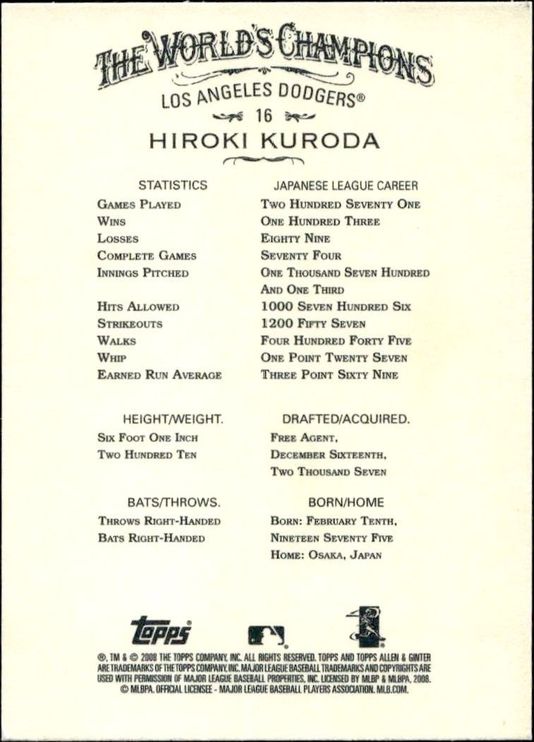 2008 Topps Allen & Ginter Hiroki Kuroda #16 baseball trading card back