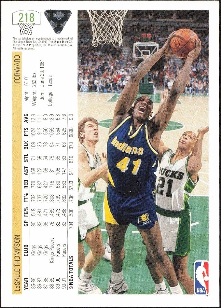 1991-92 Upper Deck LaSalle Thompson #218 basketball trading card back