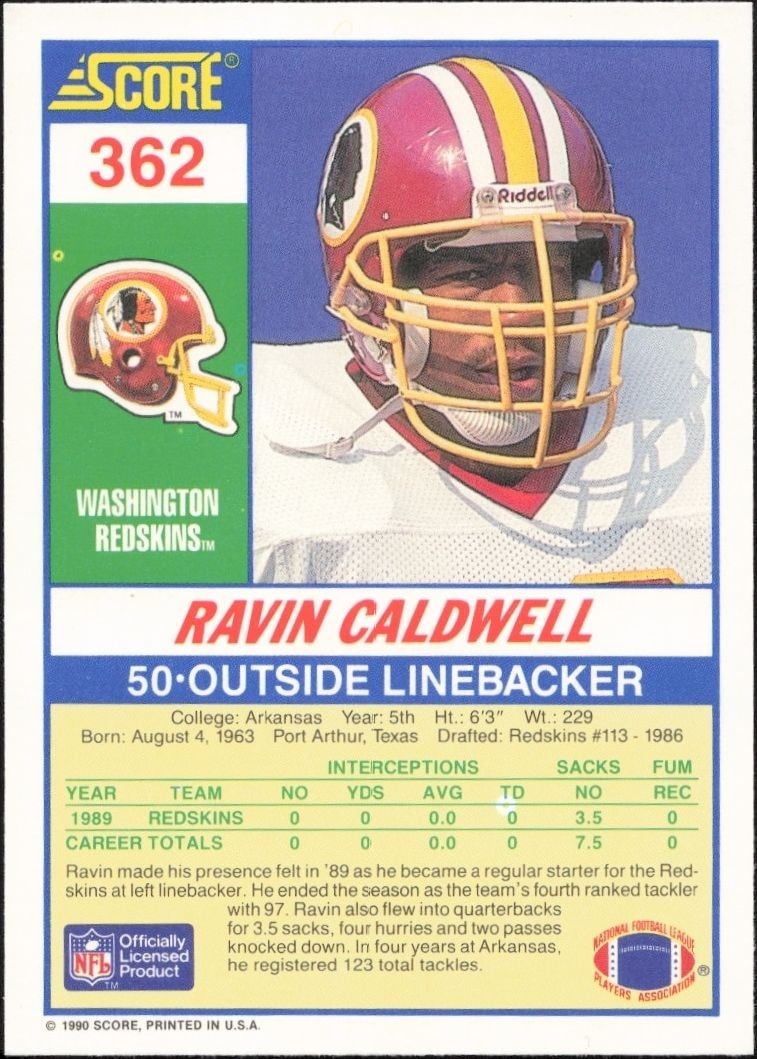 1990 Score Ravin Caldwell #362 football trading card back
