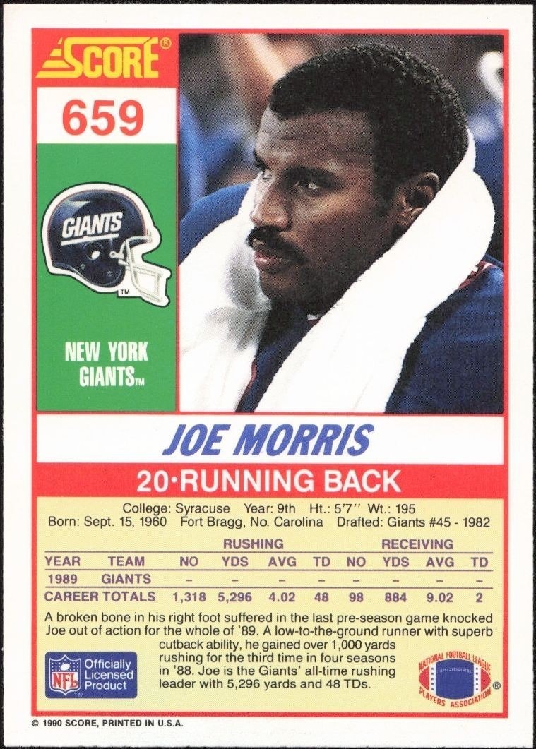 1990 Score Joe Morris #659 football trading card back