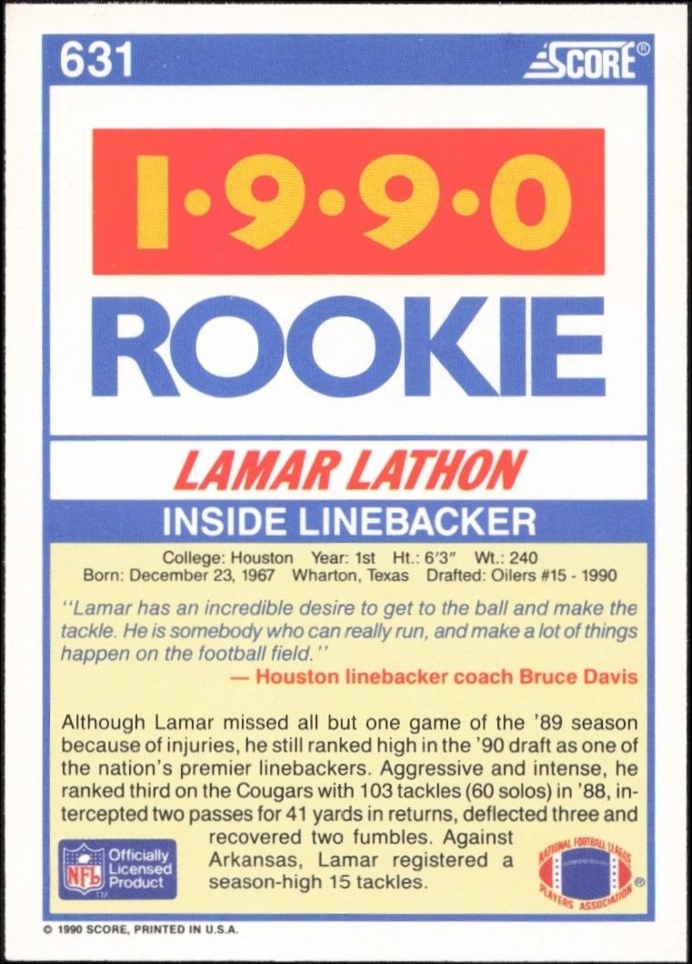 1990 Score Lamar Lathon #631 football trading card back