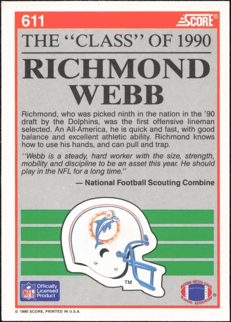 1990 Score Richmond Webb #611 football trading card back