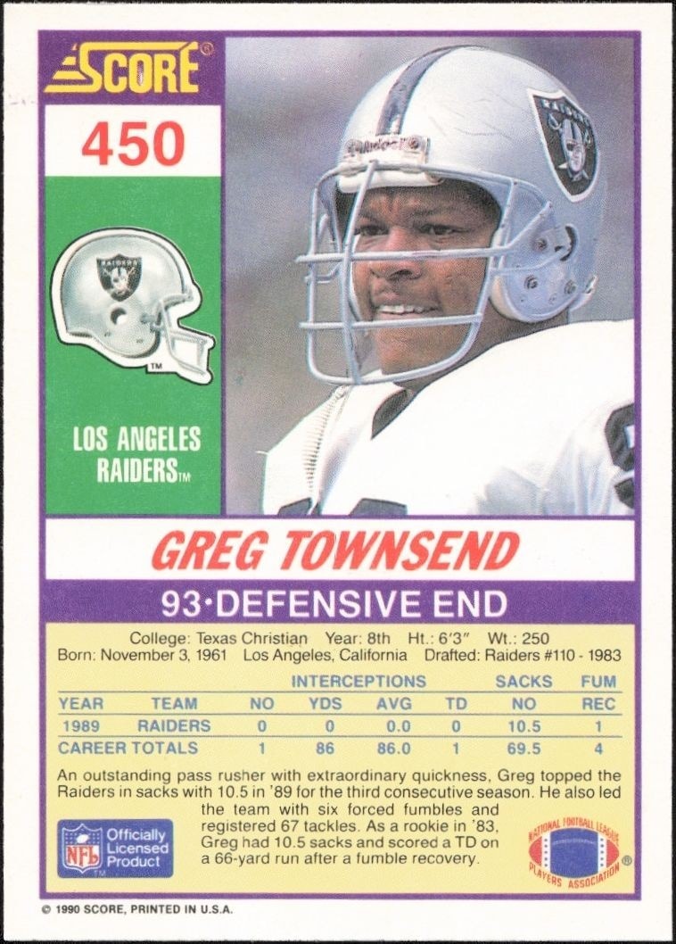 1990 Score Greg Townsend #450 football trading card back