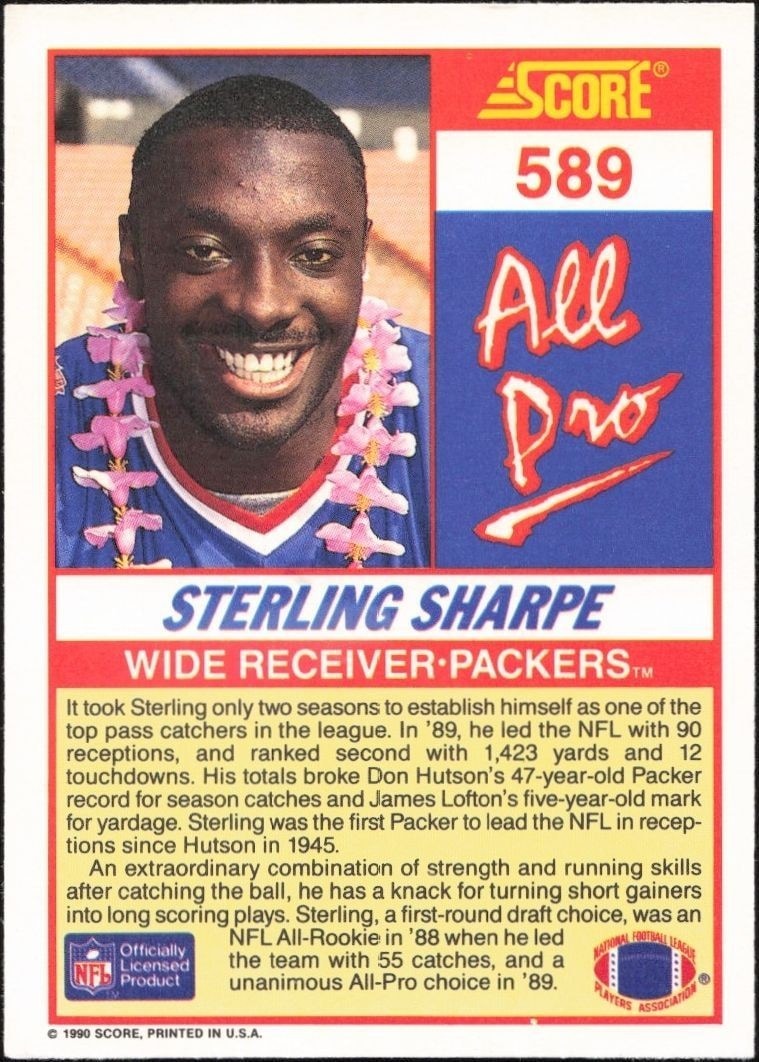 1990 Score Sterling Sharpe #589 football trading card back