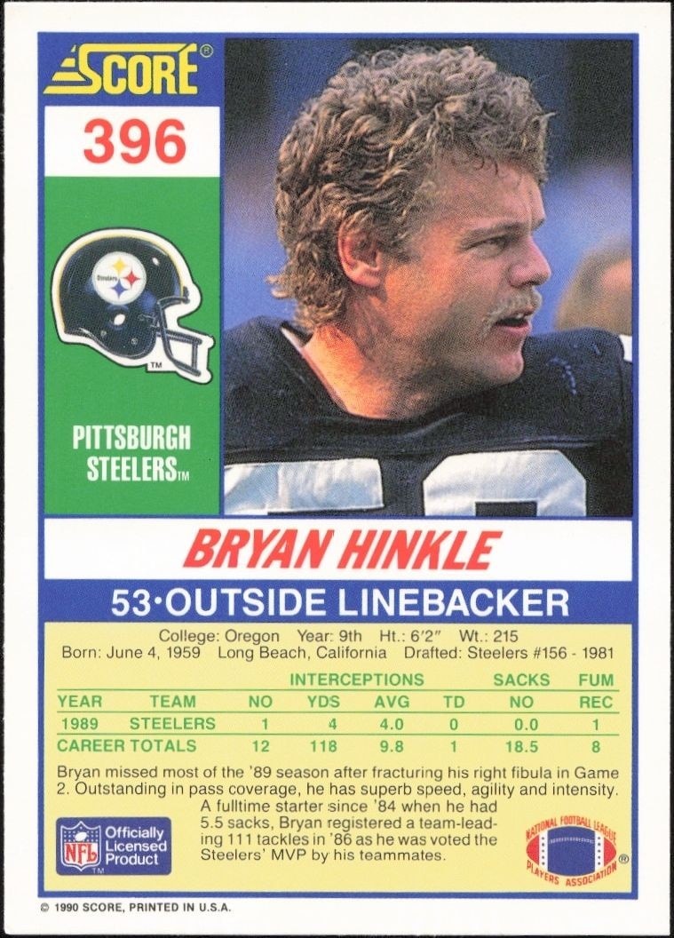 1990 Score Bryan Hinkle #396 football trading card back