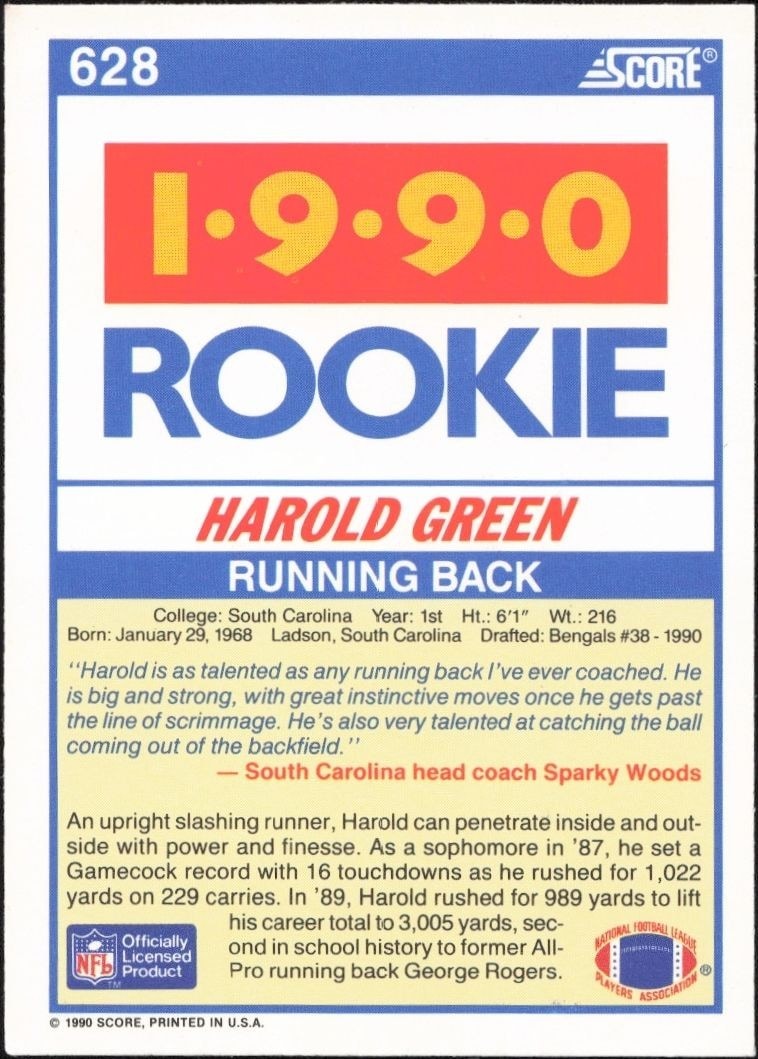 1990 Score Green Harold Green #628 football trading card back
