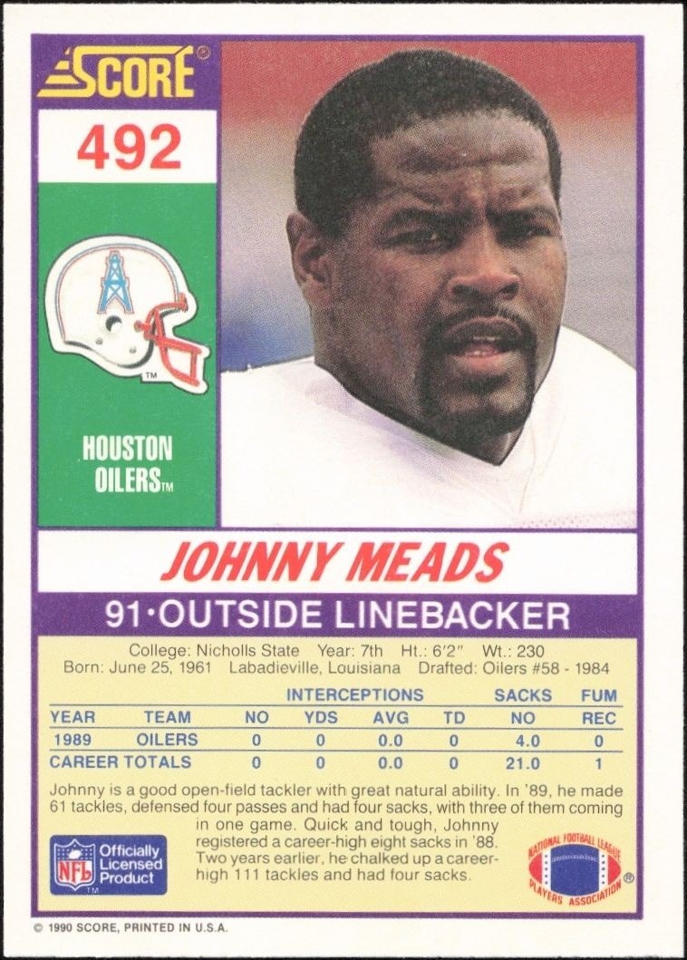 1990 Score Johnny Meads #492 football trading card back