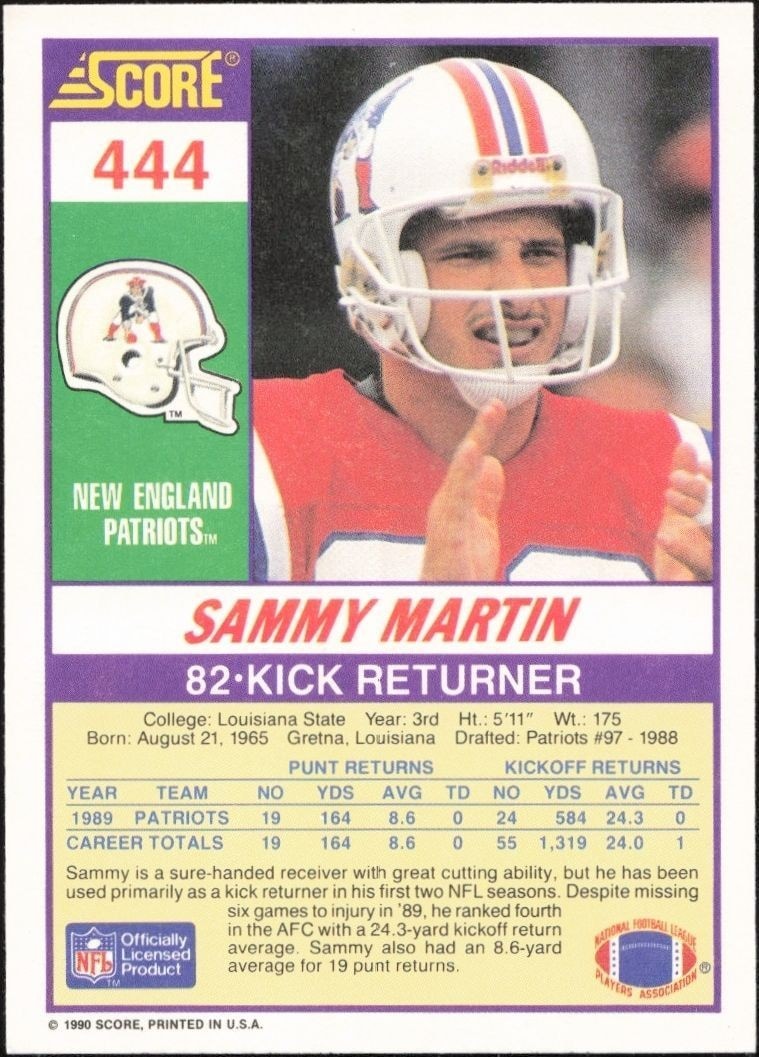 1990 Score Sammy Martin #444 football trading card back