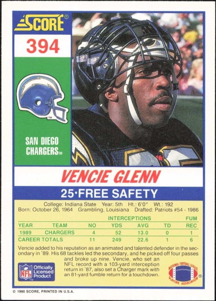 1990 Score Vencie Glenn #394 football trading card back