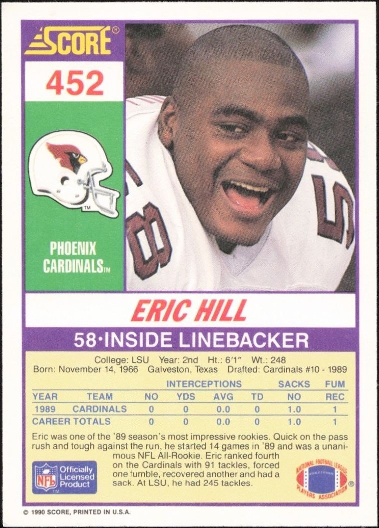1990 Score Eric Hill #452 football trading card back