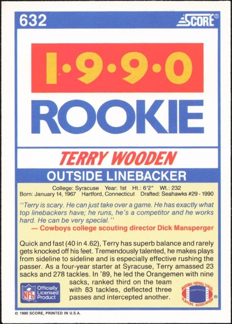 1990 Score Terry Wooden #632 football trading card back