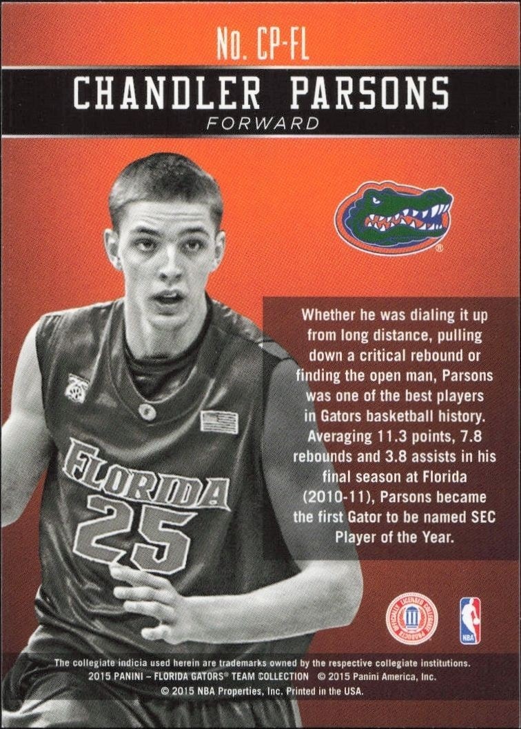 2015-16 Panini Florida Gators Chandler Parsons #CP-FL basketball trading card back