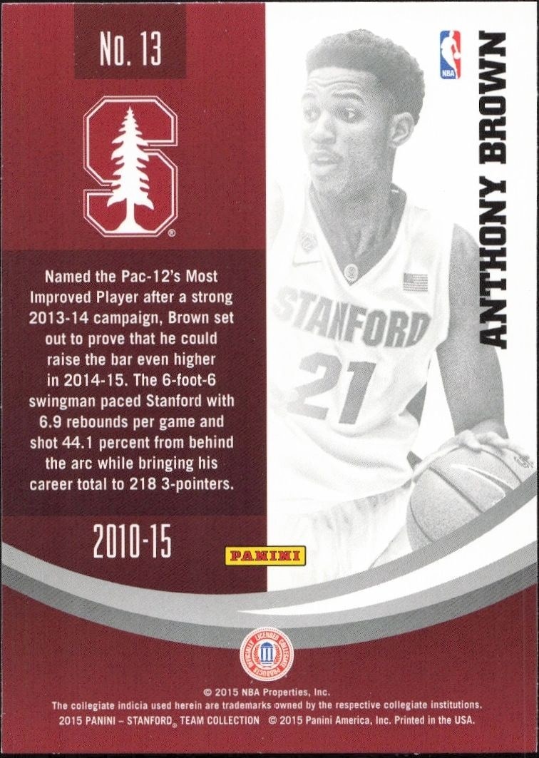 2015-16 Panini Stanford University Anthony Brown #13 basketball trading card back