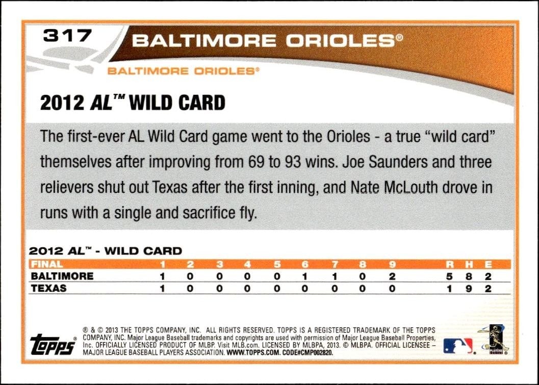 2013 Topps Baltimore Orioles #317 baseball trading card back