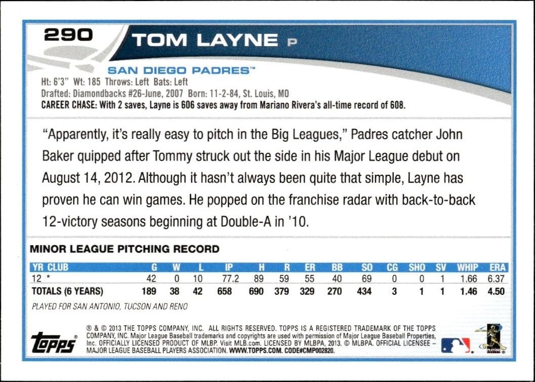 2013 Topps Tom Layne #290 baseball trading card back
