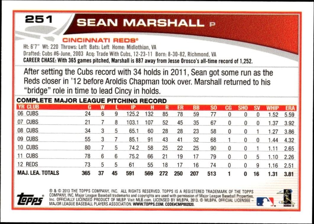 2013 Topps Sean Marshall #251 baseball trading card back