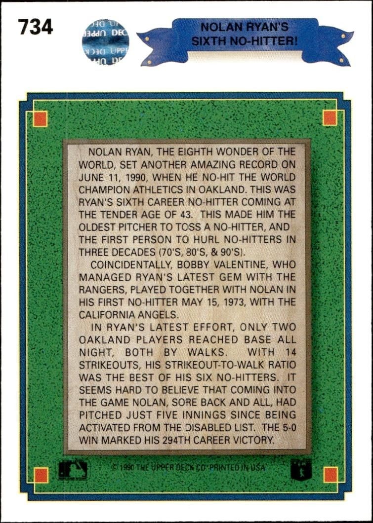 1990 Upper Deck Nolan Ryan #734 baseball trading card back
