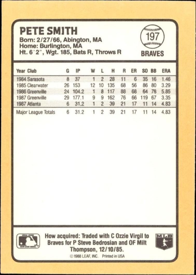 1988 Donruss Baseball's Best Pete Smith #197 baseball trading card back