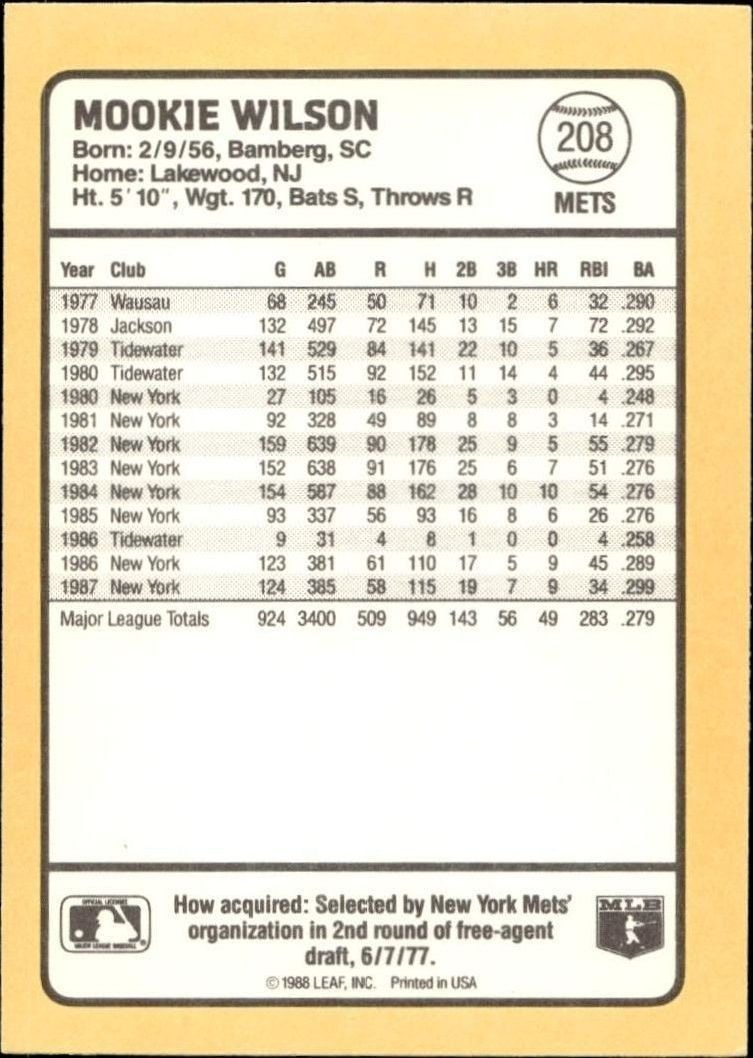 1988 Donruss Baseball's Best Mookie Wilson #208 baseball trading card back