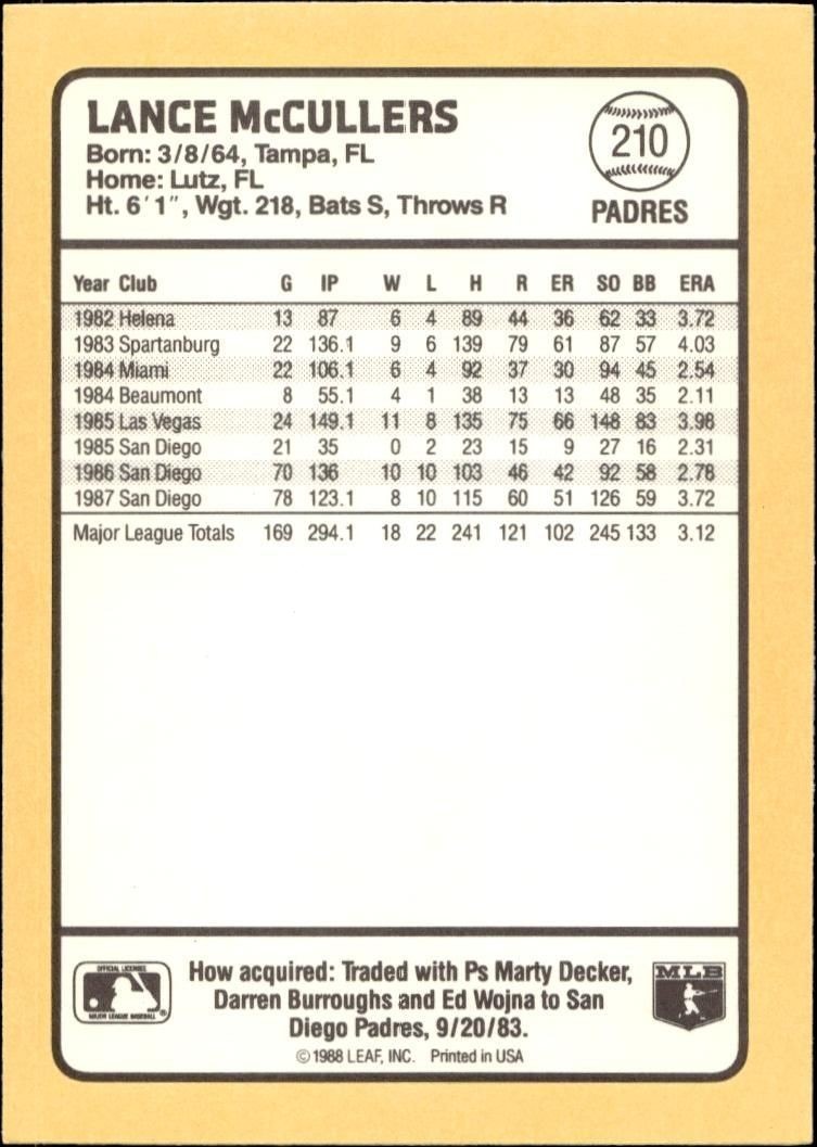 1988 Donruss Baseball's Best Lance McCullers #210 baseball trading card back