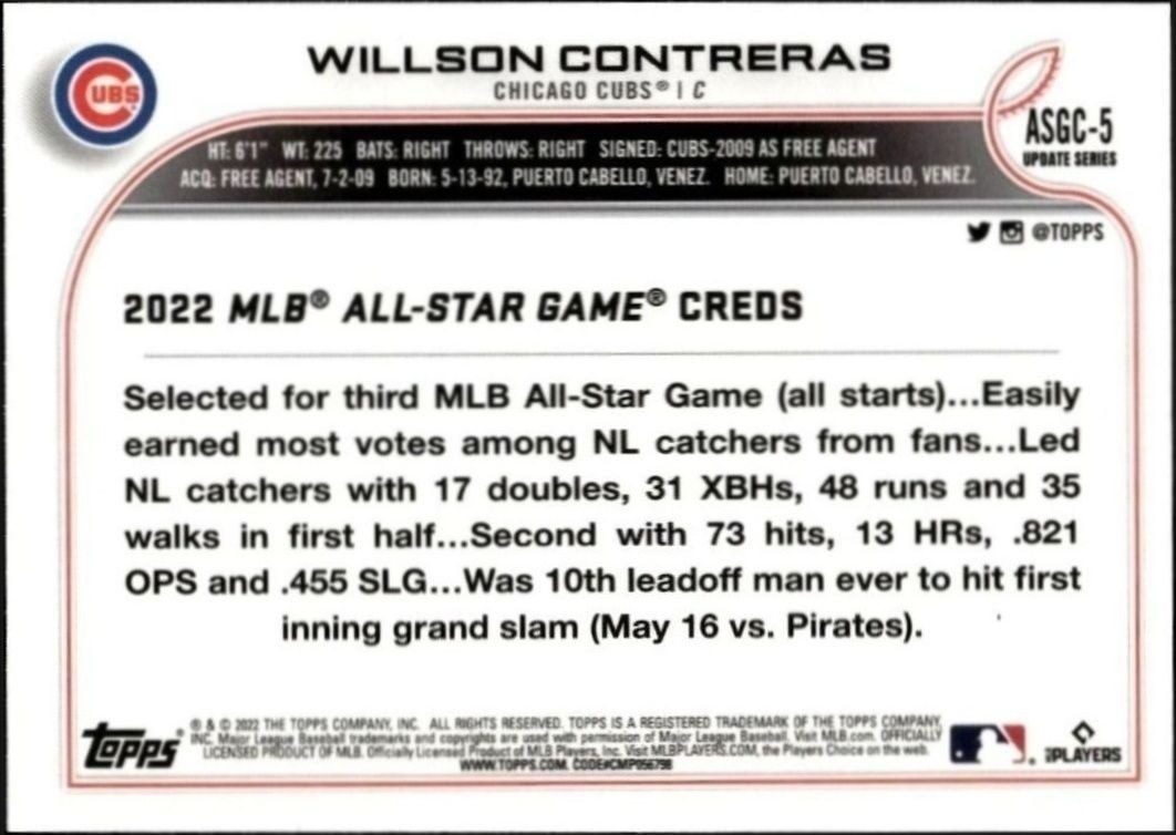 2022 Topps Chrome Update Willson Contreras #ASGC-5 baseball trading card back